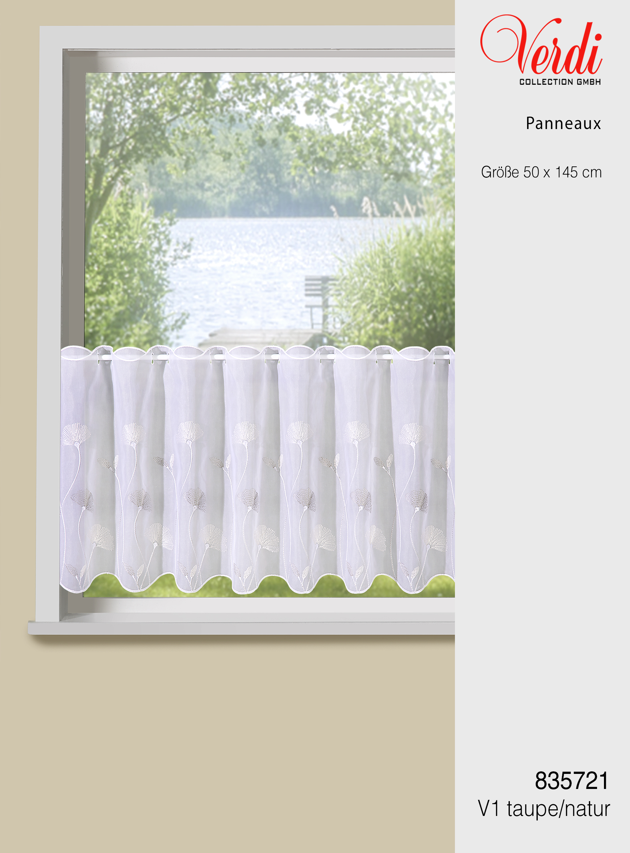 Fertigpanneaux Birte – Bestickte Scheibengardine mit Naturmotiven & Bogenabschluss