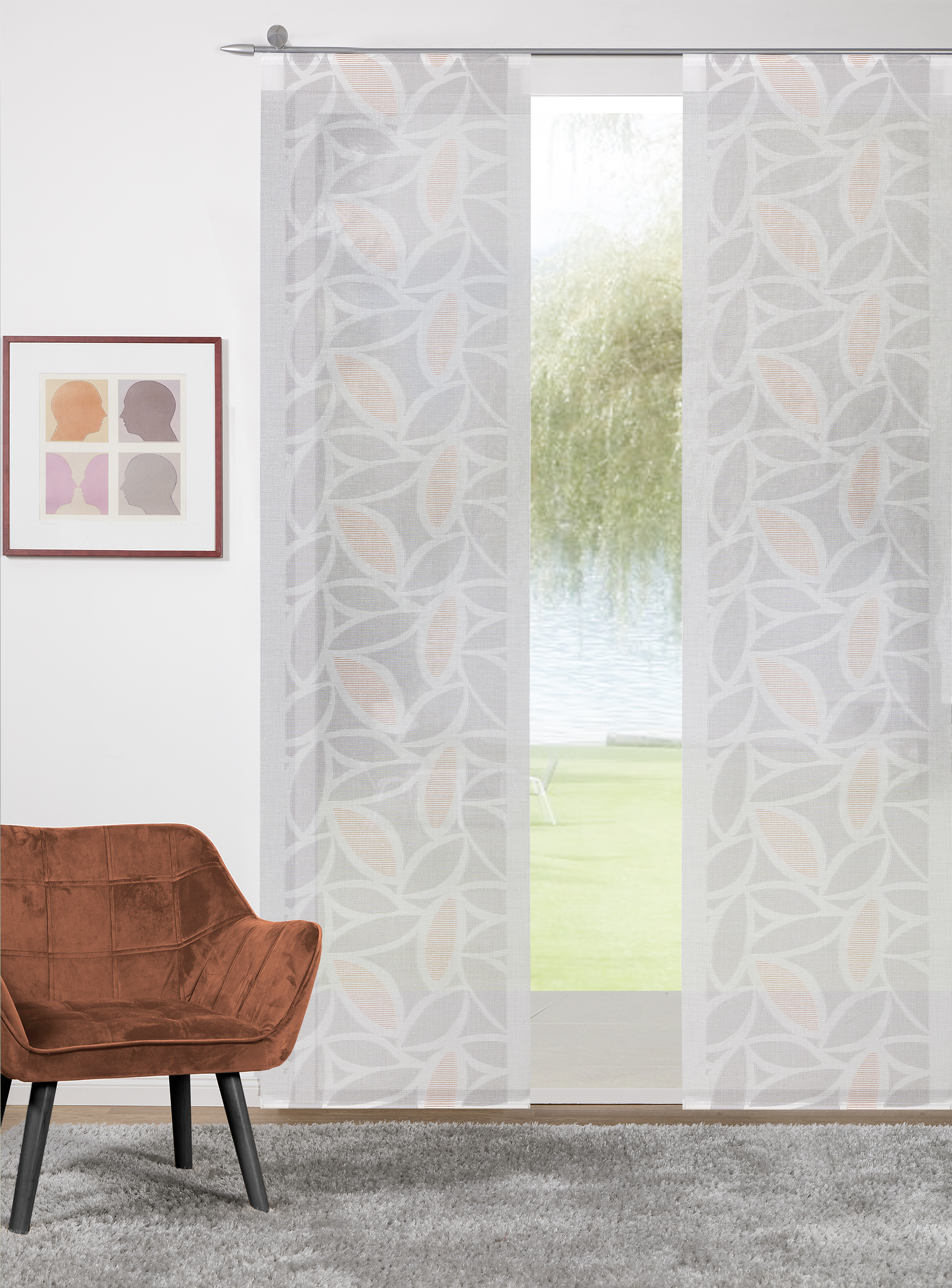 Schiebevorhang Claire 60 x 245 cm – Modernes Scherli-Blattdesign mit farbigen Akzenten