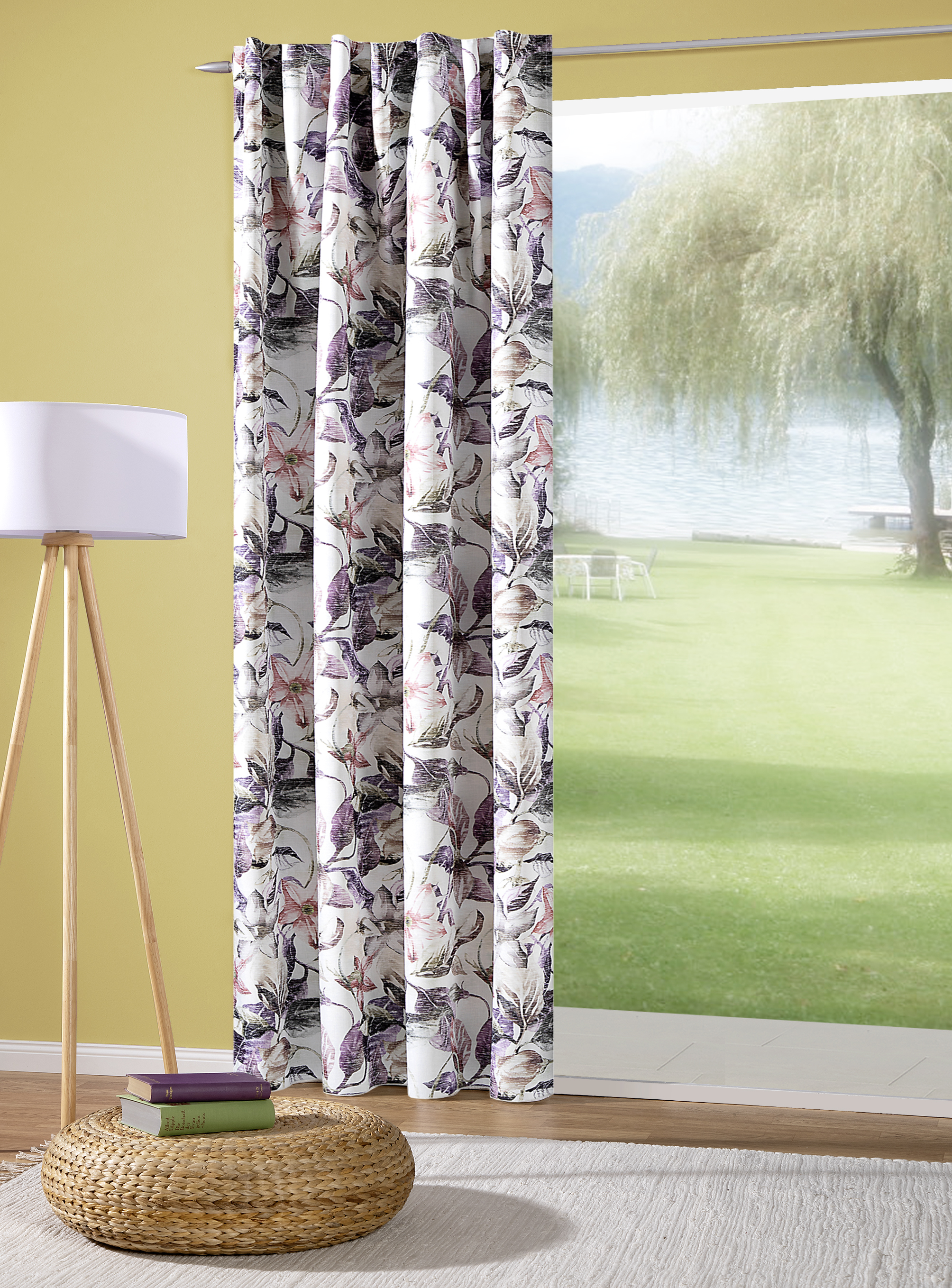 Schal mit verdeckten Schlaufen Chloe 140 x 245 cm – Florales Design auf blickdichter Leinenstruktur