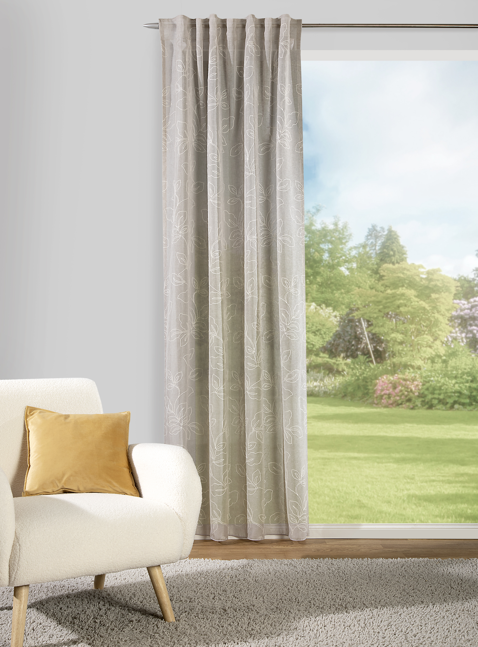 Schal mit verdeckten Schlaufen Alice 140 x 245 cm – Edle Blumenranken-Stickerei in Leinen-Optik