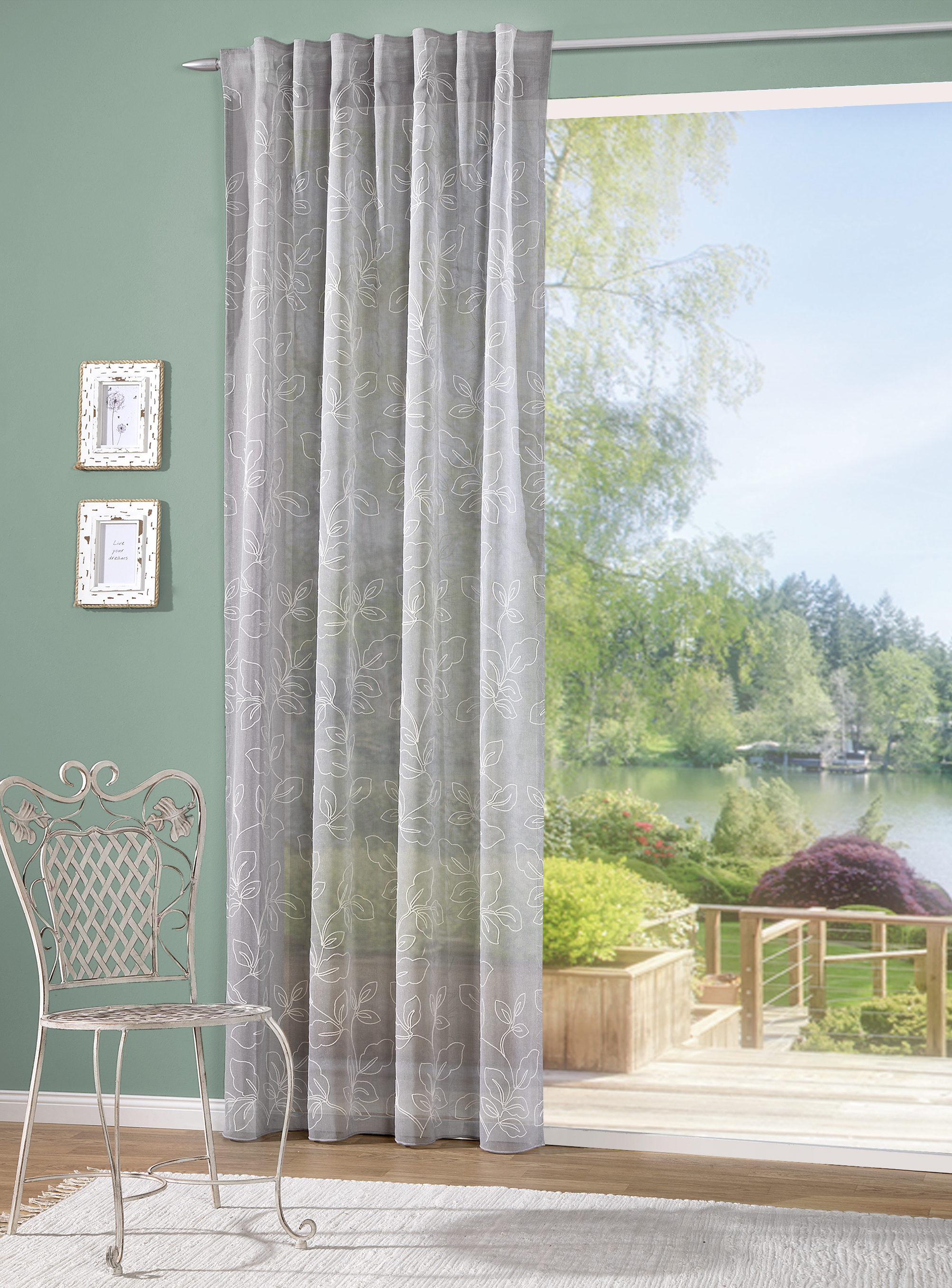 Schal mit verdeckten Schlaufen Alice 140 x 245 cm – Edle Blumenranken-Stickerei in Leinen-Optik