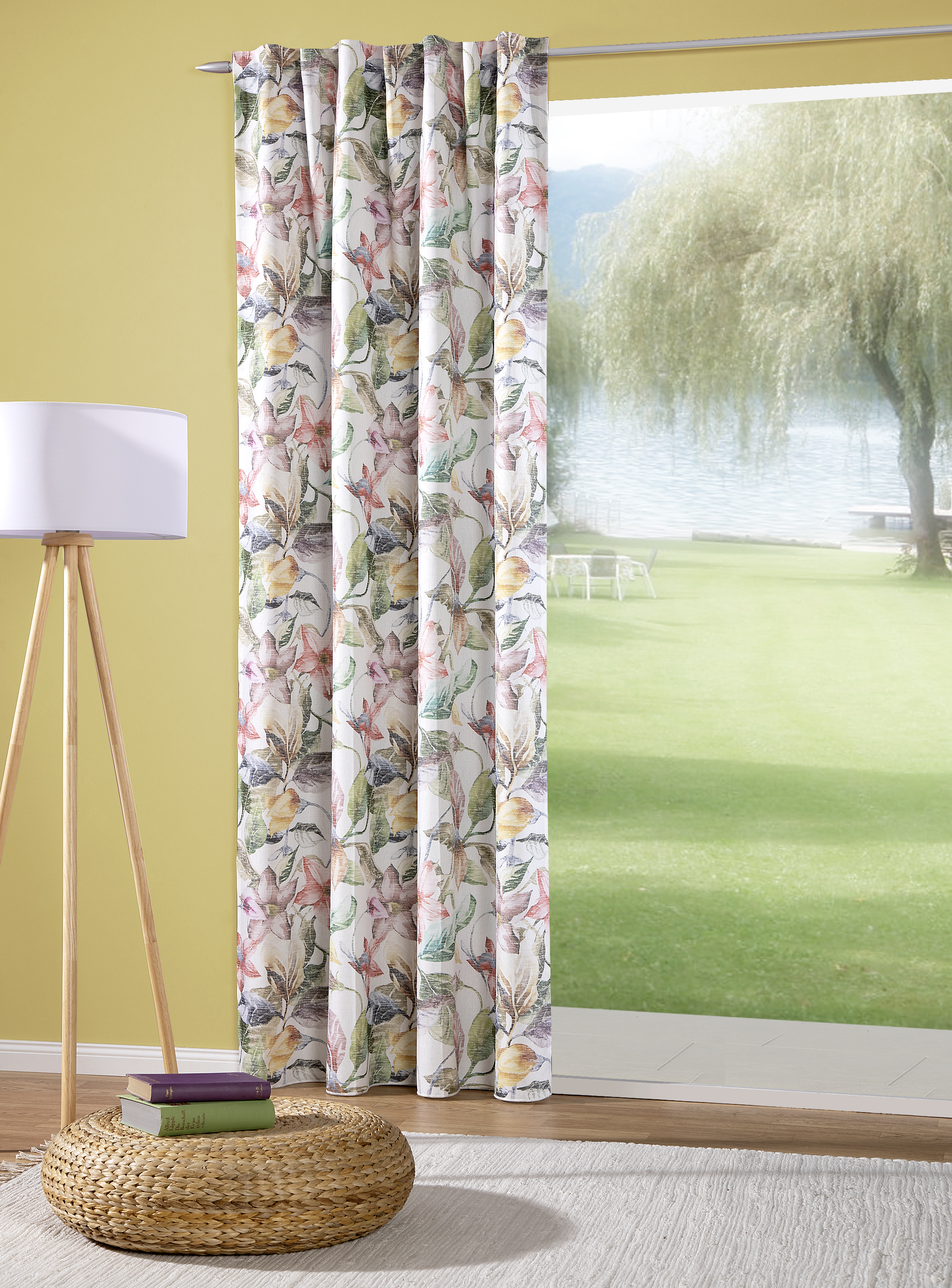 Schal mit verdeckten Schlaufen Chloe 140 x 245 cm – Florales Design auf blickdichter Leinenstruktur