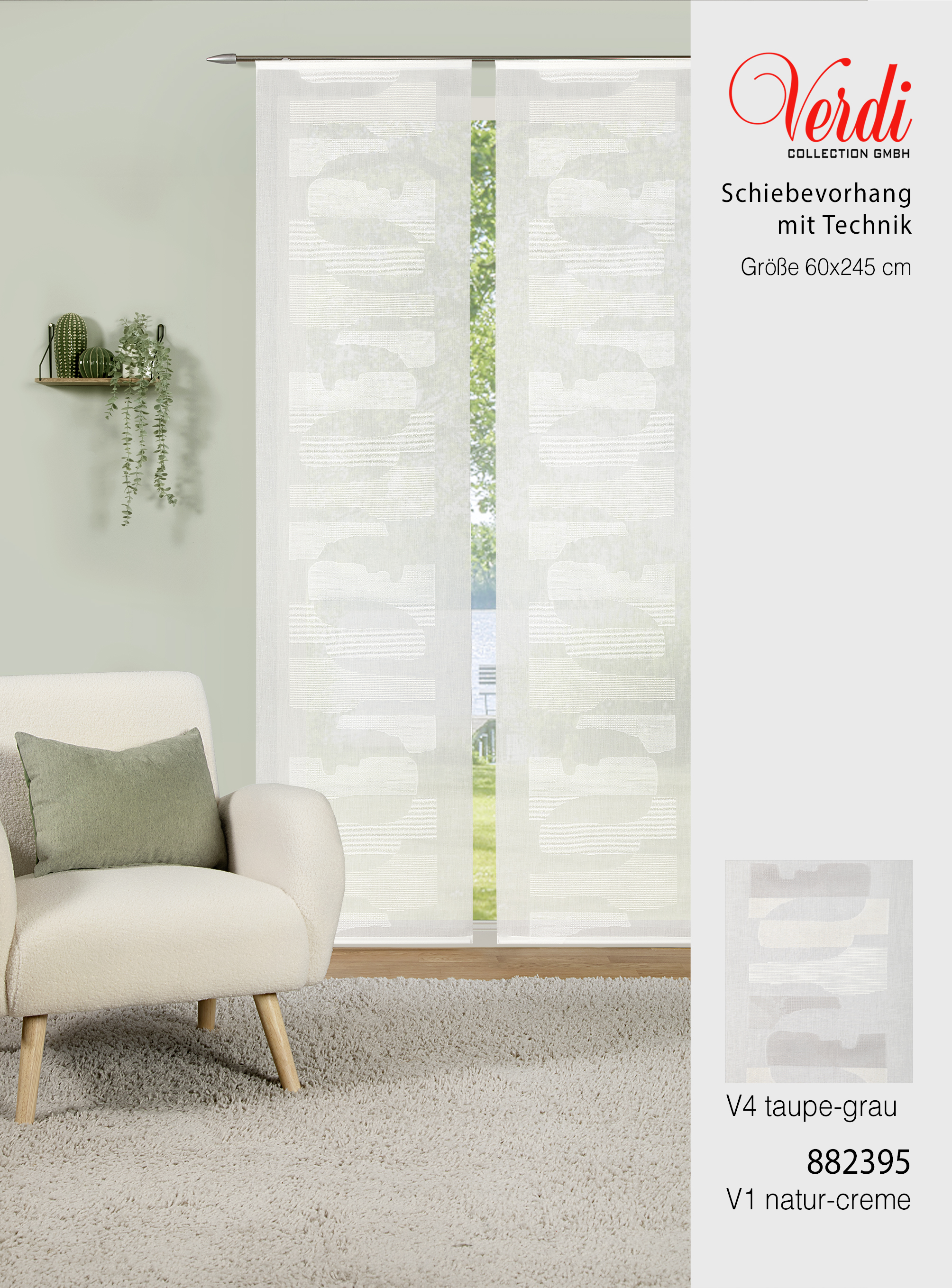 Schiebevorhang Gilda 60 x 245 cm – Natürliche Scherli-Optik mit Flächenmuster