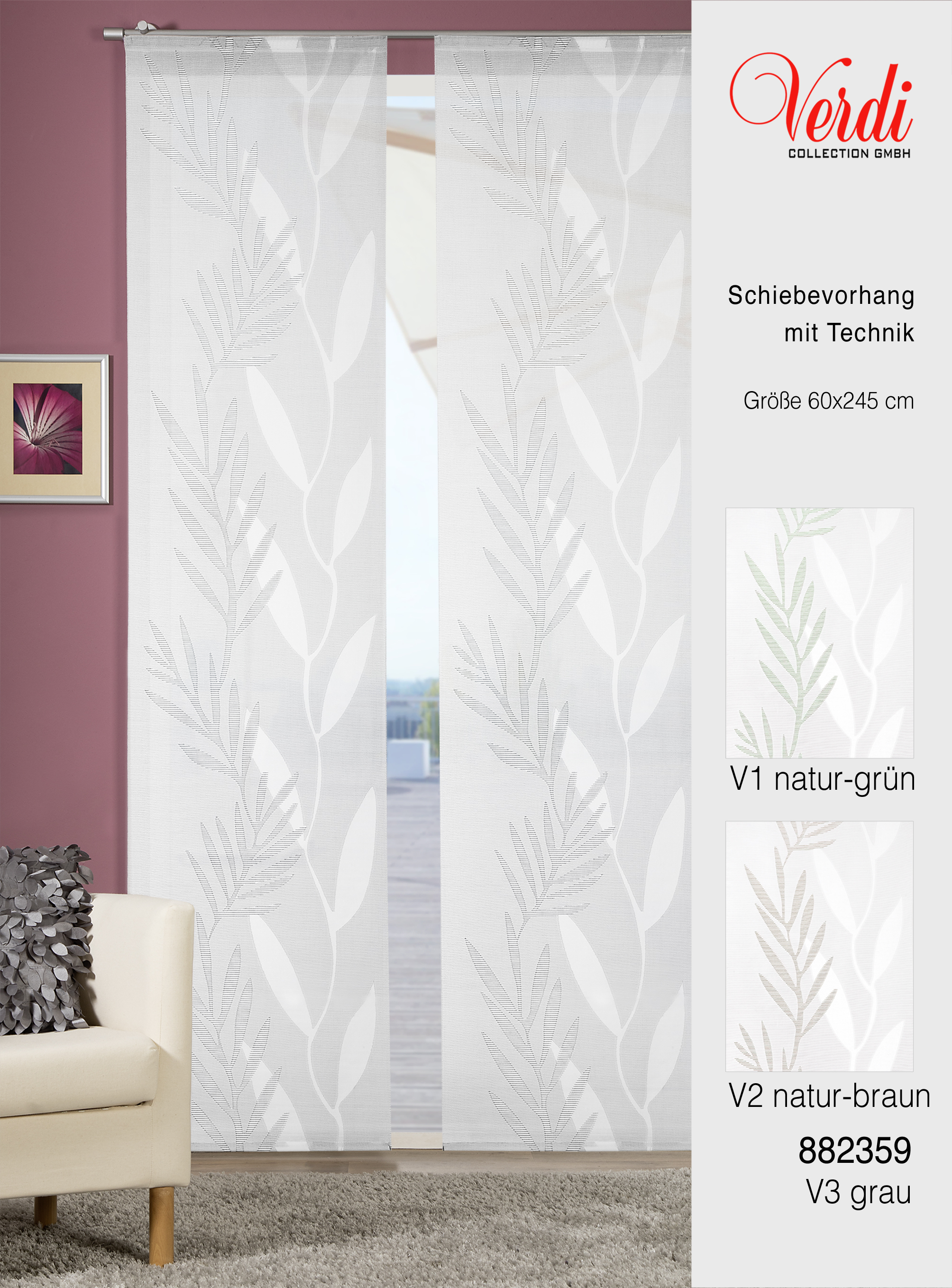 Schiebevorhang Tarik 60 x 245 cm – Modernes Blattdesign in feiner Scherli-Batist-Qualität