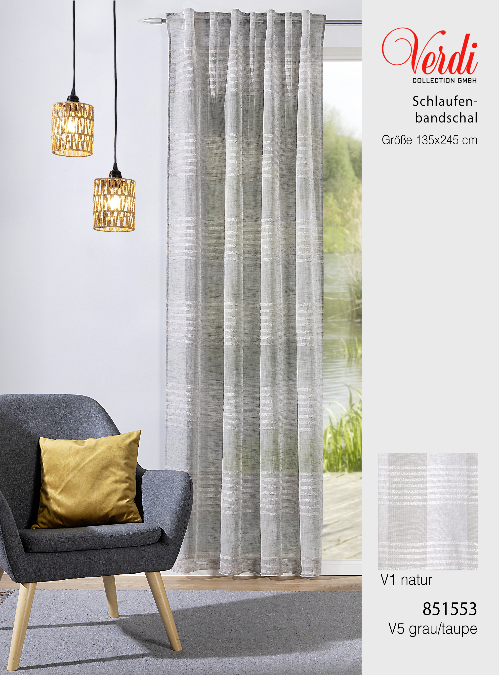 Schal mit verdeckten Schlaufen Alma 135 x 245 cm– Natürliche Leinenoptik mit dezenten Streifen